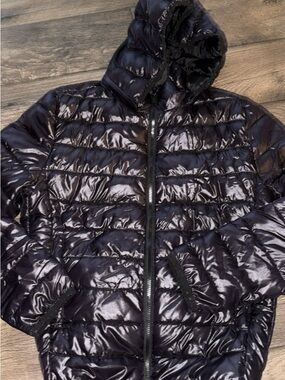 Men's Black Shiny Quilted Puffer Jacket with Hood